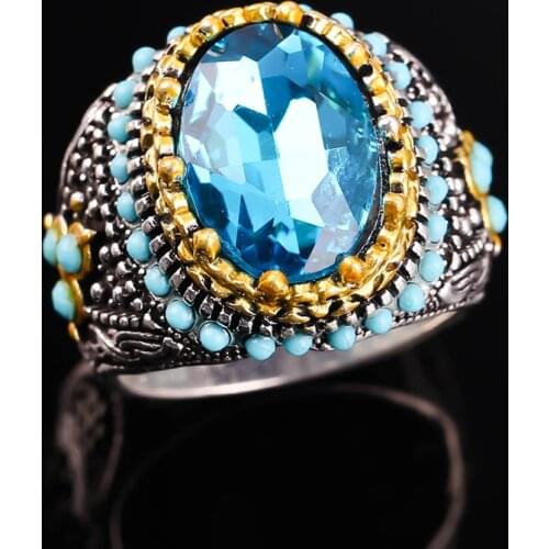 Vintage Two Tone Wave Pattern Engraved Turquoises Beaded Ring For Women Girls Wedding Dance Party Blue Zircon Jewelry F4M852