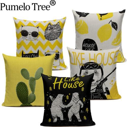 High Quality Cushion Cover CactusCat And Abstract Art Color Yellow Bear Decorative Case Custom Home Pillows Cover For Sofa Decor