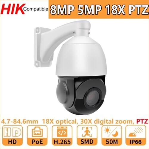 Hikvision Compatible 8MP 5MP 18X PTZ Speed Dome PoE IP Camera 4.7mm-84.6mm Security CCTV Camera IR30M IP66 H.265 P2P Plug & Play