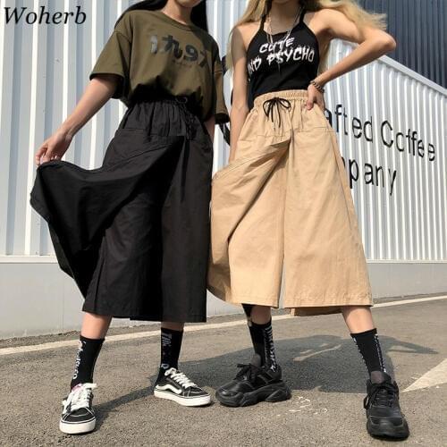 Woherb Harajuku Wide Leg Skirts Capri Pants Women High Waist Trousers Streetwear 2021 Summer Korean Cargo Pants Pantalones Mujer