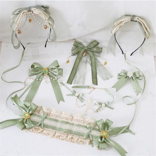 Mori Lolita Green Lace Hairpin Trim Bow Hairband Side Clip Headdress KC Hair Hoop Headband Hair Accessories B1834