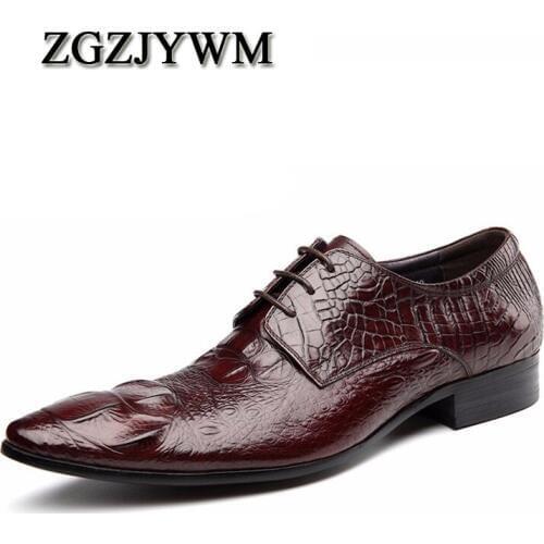 ZGZJYWM High Quality Crocodile Grain Black/Wine Red Mens Lace-Up Dress Genuine Leather Pointed Toe Business Formal Oxfords Shoes