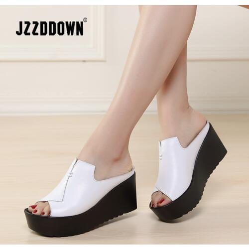 Jzzddown women Slipper women Platform sandals shoes women Genuine Leather Heel Peep Toe sandals shoes ladies Luxury flip-flops