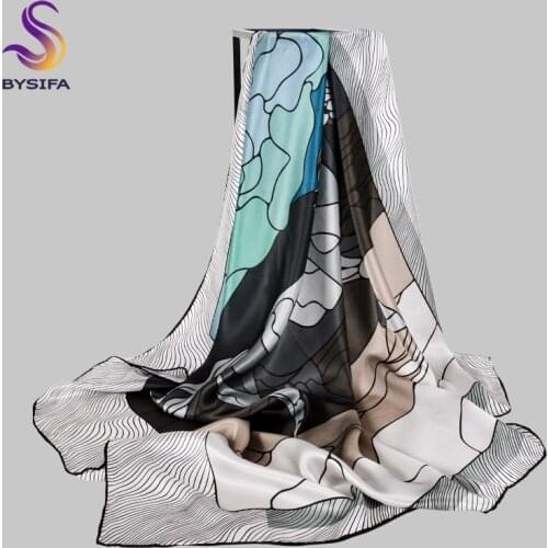 BYSIFA|New Blue Green Natural Silk Scarf Hijab Elegant Women Geometry Design Large Square Scarves Shawls Spring Fall 106*106cm