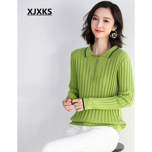 XJXKS New 2020 Autumn Pullover Women Turn-down Collar Sweaters Young Lady Streetwear Pull Femme Knitted Jumper Women Sweater