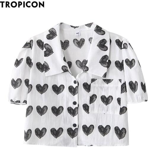 TROPICON Puff Sleeve Heart Print White Crop Top Shirt Women Summer Blouse 2021 Short Sleeve Button Up Collared Shirt Clothing