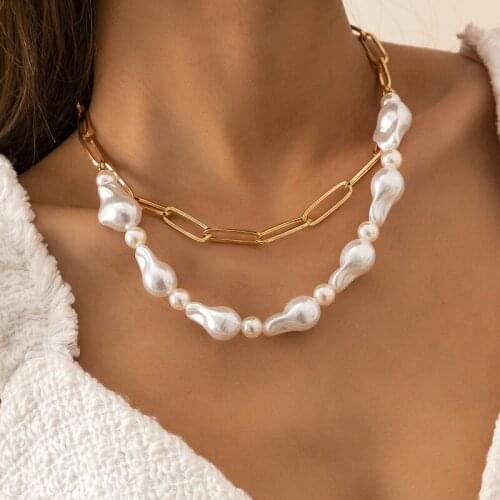Punk Thick Chain Baroque Pearls Pendant Necklace for Women Fashion Geometric Clavicle Necklace Choker Collar Jewelry Party Gift