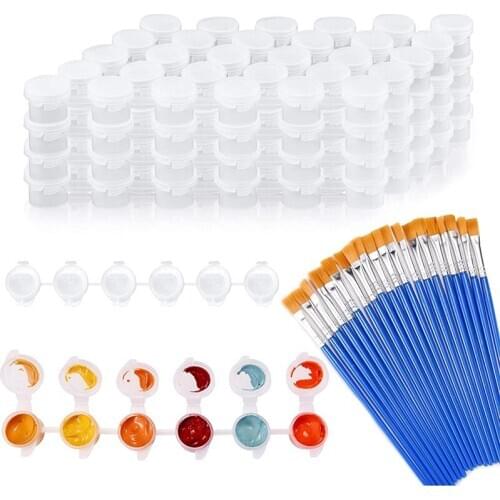 20 Strips 120 Pots Empty Paint Pots Strips Mini Clear Storage Containers and 20 Pcs Paint Brushes Painting Arts Crafts