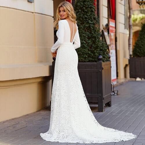 2020 Mermaid Wedding Dresses Deep V Neck Lace Satin Long Sleeve s Beach Wedding Gowns Backless Plus Size Country Bridal Dress