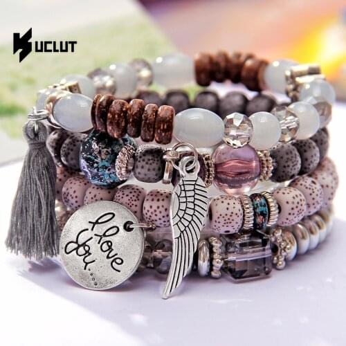 4pcs/set wings heart alloy pendant beads bohemian bracelets women lava stone wristband bangles for party