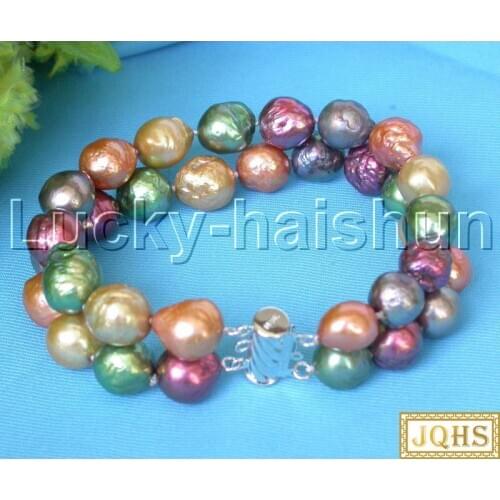 JQHS AAA Baroque 8" 2row 11mm Multicolor Reborn keshi pearls bracelet j13258