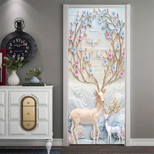 European Deer Door Stickers Bedroom Wardrobe Slider Door Decoration Mural Self Adhesive Door Decals Peel and Sticker Art Poster