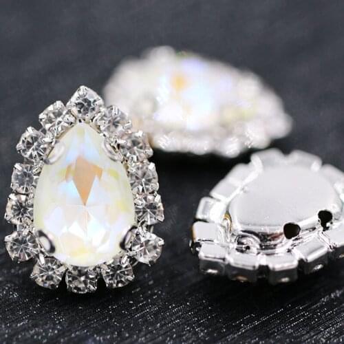 Hot glass rhinestones teardrop shape sew on Sliver base crystal button White fluorescence crystals rhinestones for garment/dress