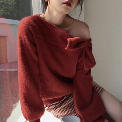 JSXDHK Vintage Designer Ladies Autumn Winter Bow Knitted Pullovers Fashion Women One-Shoulder Thick Pink Long Sweaters Jumper
