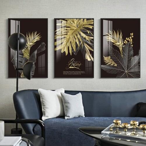 Golden plant leaves Abstract wall picture poster modern style painting on canvas corridor art living room original decoration