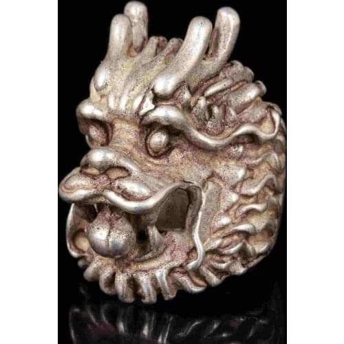 China Collection Hand-Carved Tibetan Silver Dragon Statue Rings Gift Statues et Sculptures Figurines Decoration
