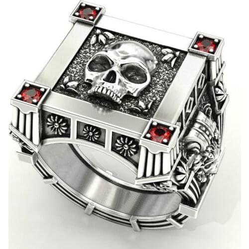 Gothic Skull Flower Red Zircon Crystal Stainless Steel Signet Men Ring Punk Rock Silver Color Biker Rings for Woman Boho Jewelry