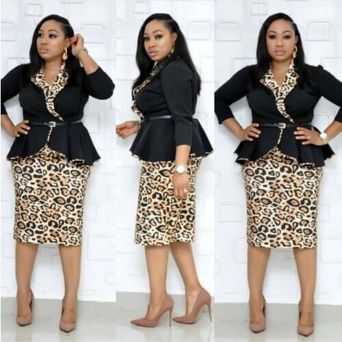 2 Piece Set African Clothes Women Leopard Dashiki Bandage Slim Blazer Coat with Belt and Pencil Skirts Ruffle Africa Dress Suits