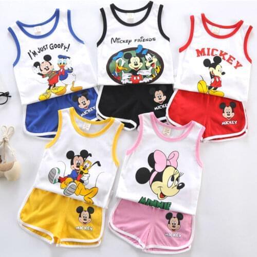 Childrens Suit 2-piece Set Baby Boy Summer New Style Minnie Cartoon Pattern Baby Boy Vest T-shirt + Pants Girl Letter Printing