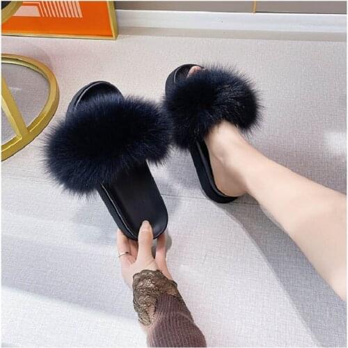 Summer fox fur outer wear thick-soled high-heeled slippers with a word belt all-match casual flat-bottomed womens sandals
