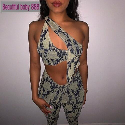 Meqeiss 2021 New Print 2 Two Piece Set Women Spring Sexy Halter Backless Sleeveless Crop Top+Stretchy Leggings Co-ord Suit Trend