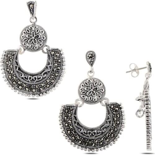 Silver 925 Sterling Marcasite Cubic Zirconia Pendant & Earrings Set