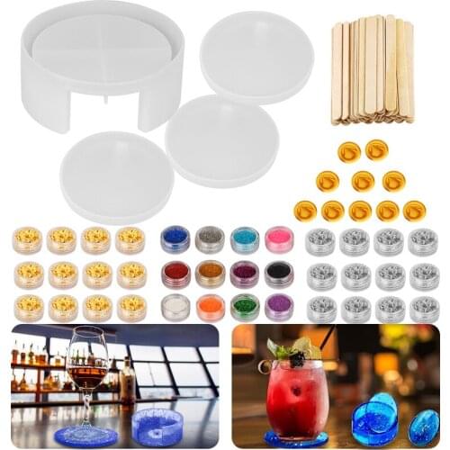 DIY Silicone Coaster Resin Molds Set Gold Foil Sliver Foil With Wood Chips With Fine Glitter Resin Casting Mold for Coaster