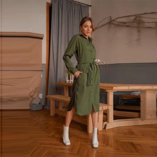 Vintage Solid Sashes Shirt Dress Women Turn-Down Collar Button Long Sleeve Dress New Fashion Autumn Elegant Pocket Midi Dresses