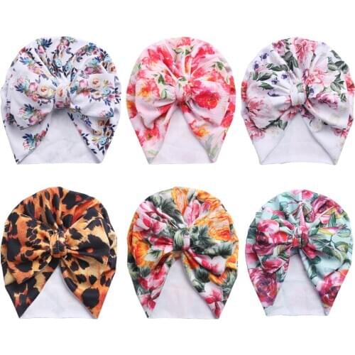 6Pcs/lot Waffle Bow Turban Headband Hats Flower Leopard Print Baby Beanies Caps 0-5T Headwraps Fashion Top knot Headwear