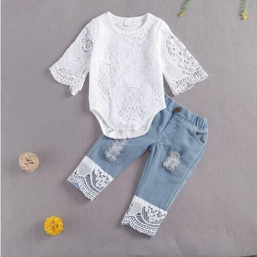 Pudcoco 2Pcs Baby Girls' Long Sleeve Lace Romper Suit Triangle Crotch Round Neck Lace top with Long Jeans 3-24 Months