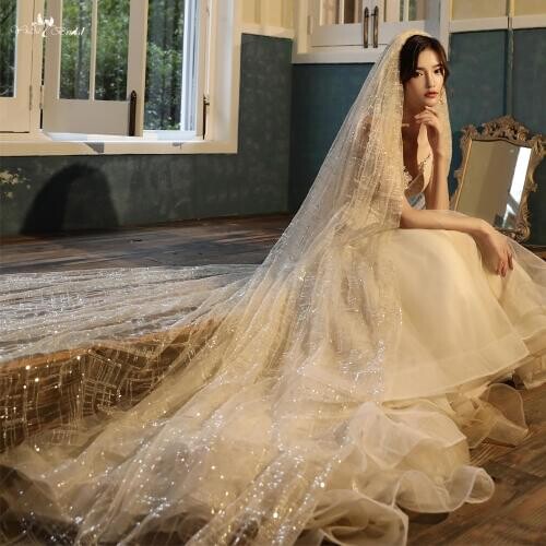 LZP548 Yiai Wedding Accessorie Glittering Square Sequined Lace Wedding Veil Metal Comb Long Bridal Veil