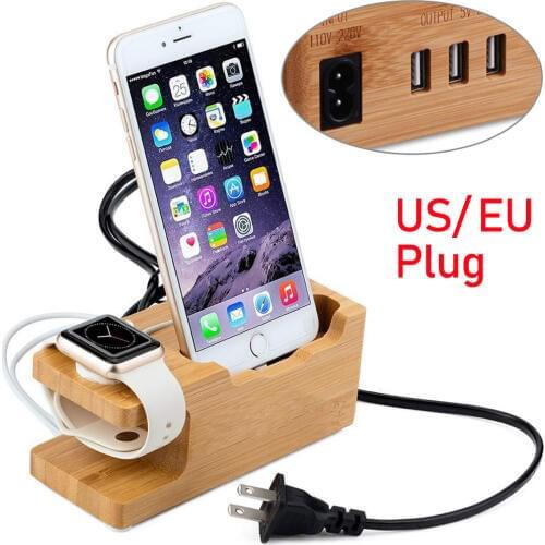 EU US 15W 3A 3-Port USB Bamboo Wood Charging Station Holder For Apple Watch 38-44mm Stand iPhone X XS 11 Pro MAX for Smartphones
