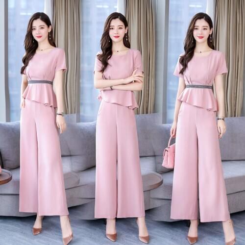 Summer new elegant womens pant suits fashion slim Short sleeve tops and wide-leg pants 2 piece set womens Sets women suit set