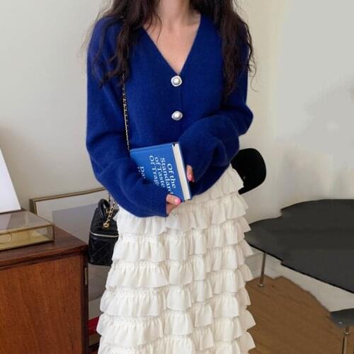 Kimutomo Women Sets 2021 Early Autumn Temperament Retro V-Neck Pearl Button Knitted Cardigan High Waist Layered Cake Skirt Suit