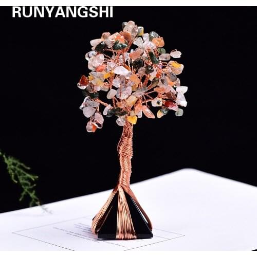 1pc Obsidian pyramid Healing Crystal Tree Handmade Copper Wire Wrapped Tumbled Gemstone Tree Feng Shui Ornaments Home Decor