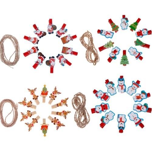 10pcs/lot Kawaii Santa Claus Deer Wooden Clip Photo Clothespin Craft Clips Christmas Decor Party Decoration Clip With Hemp Rope