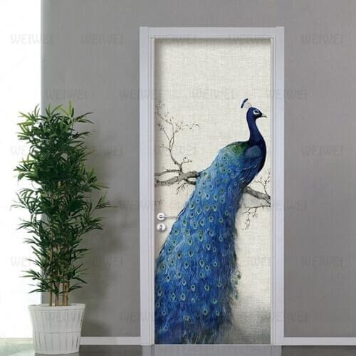 2 Pcs 3D PVC Mural Wallpaper Door Sticker Poster Blue Peacock Self-Adhesive Bedroom Door Art Home Decoration Stickers Waterproof