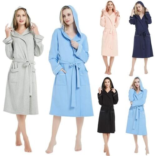 2020New Soft Spring Autumn Women Robes Plus Size Simple Knitted Hooded Bathrobe Female Thin Long Sleeve Bath Robe Sleep wear 5XL