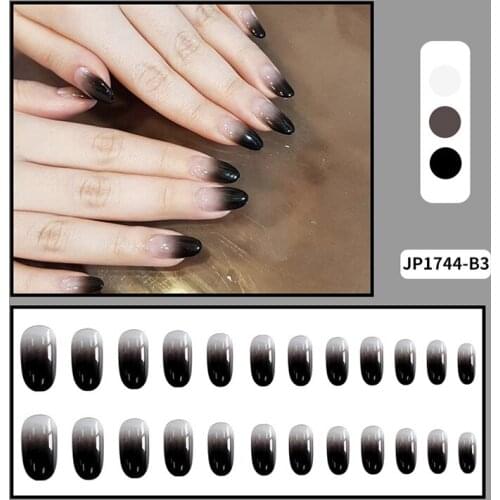 24Pcs Fake Nails Black Gradient Nails Patch Round Head Glue Type Long Paragraph Removable Fashion Full Cover Manicure NN