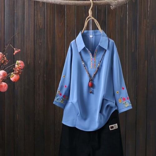 Plus size turn-down collar three quarter sleeve embroidery blouses women 2021 new Khaki blue red pink shirt summer ladies tops