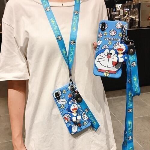 Blue Doraemon For Samsung S7 S8 S9 S10 S20 Plus A20 50 70 51 71 Note 9 10 Plus Case TPU Case Stand Holder Phone Strap Rope Case