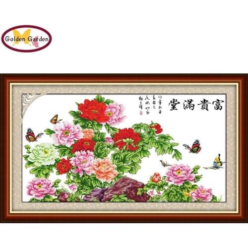 GG Treasures Fill The Home Chinese Peony Painting Counted&Stamped 11CT 14CT Kit Cross Stitch Embroidery Needlework Sets for Home