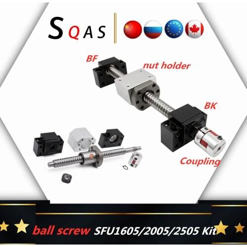 Eu warehouse ball screw kit SFU1605 SFU2005 SFU2505 ball screw end machined with BKBF12/15/20 +nut holder+coupling for cnc part