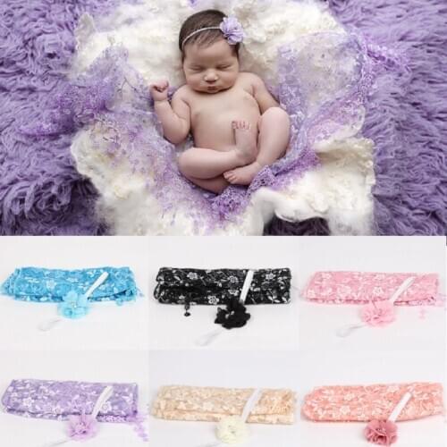 Lace Newborn Photography Props Baby Girl Hairband + Receiving Blankets Set Babies Photo Accessories Flower Hairband Scarf Towel