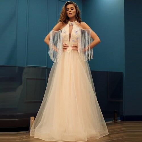Sweet Halter Tassel Prom Dresses Applique Tulle A-line Princess Dress Floor Length Evening Formal Gowns Custom Made