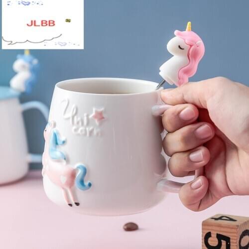 Cute Unicorn Coffee Mug with Lid and Spoon for Breakfast Milk Tea Drinking Ceramic Tea Cup Gift for Girls Pink 350ml