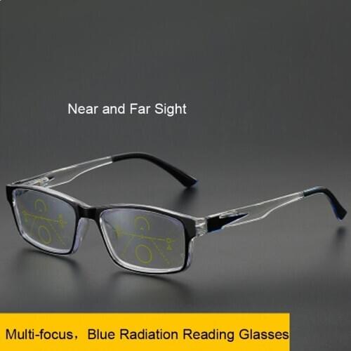Multifocal Reading Glasses Progressive Bifocal Anti Blue Ray UV Protect Presbyopic Glasses Rectangle Full Frame Men Women +100