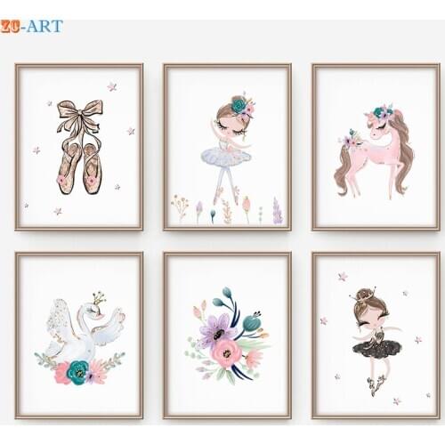 Girl Bedroom Wall Art Poster Ballerina Print Pink Gold Baby Nursery Purple Canvas Painting Decoration for Kids Room Decor Art