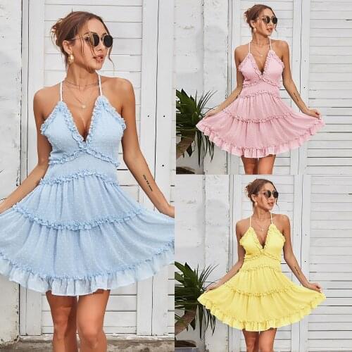 The New Summer 2021 Frock With V-Neck Cross Back High Waist Strap Frilly With Ear Edge Blue Yellow Pink Casual Dress YY104