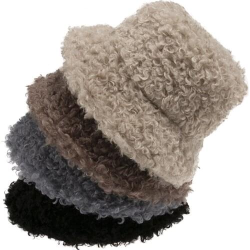 New Outdoor Warm Lamb Faux Fur Bucket Hat Black Solid Fluffy Fishing Cap Panama Bob Fisherman Gorros Women Winter 2021
